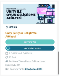 Mersin İli Üniversite Öğrencilerine ve Yeni Mezunlara Yönelik Unity İle Oyun Geliştirme Atölyesi